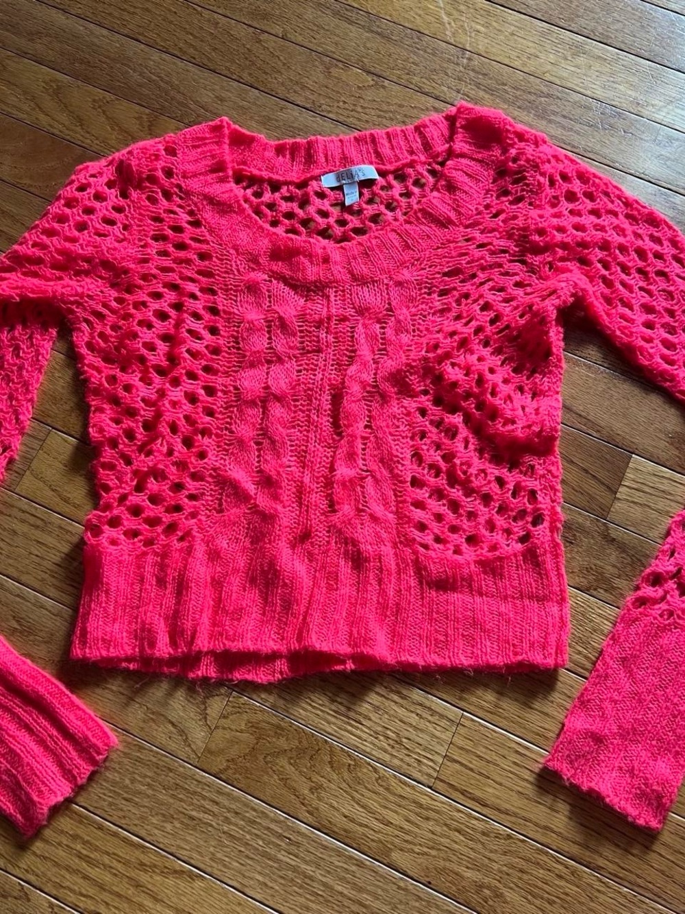 Y2K dELiA*s Neon Pink Open-Knit Crochet Cable Sweater